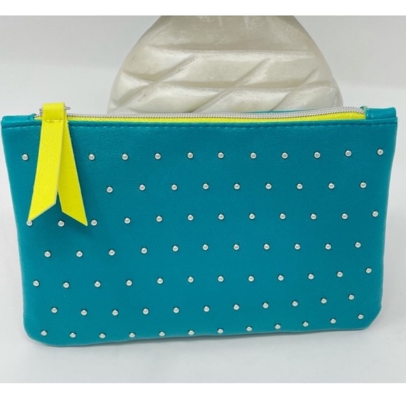 Studded Makeup Bag Faux Leather Zipper Teal Lime Green - Picture 1 of 7